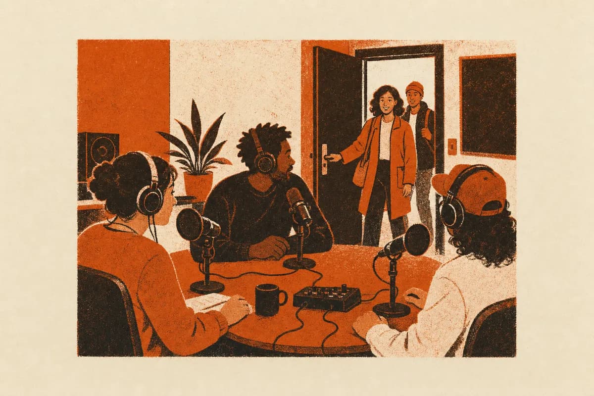 Ilustração: Visitantes em sala do Clubhouse