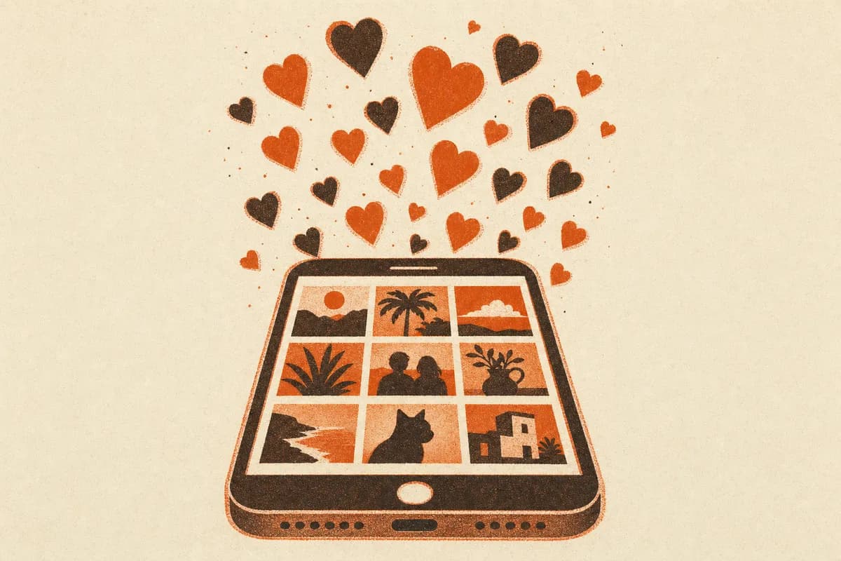 Ilustração: relógio e esteira levando curtidas para cada publicação nova